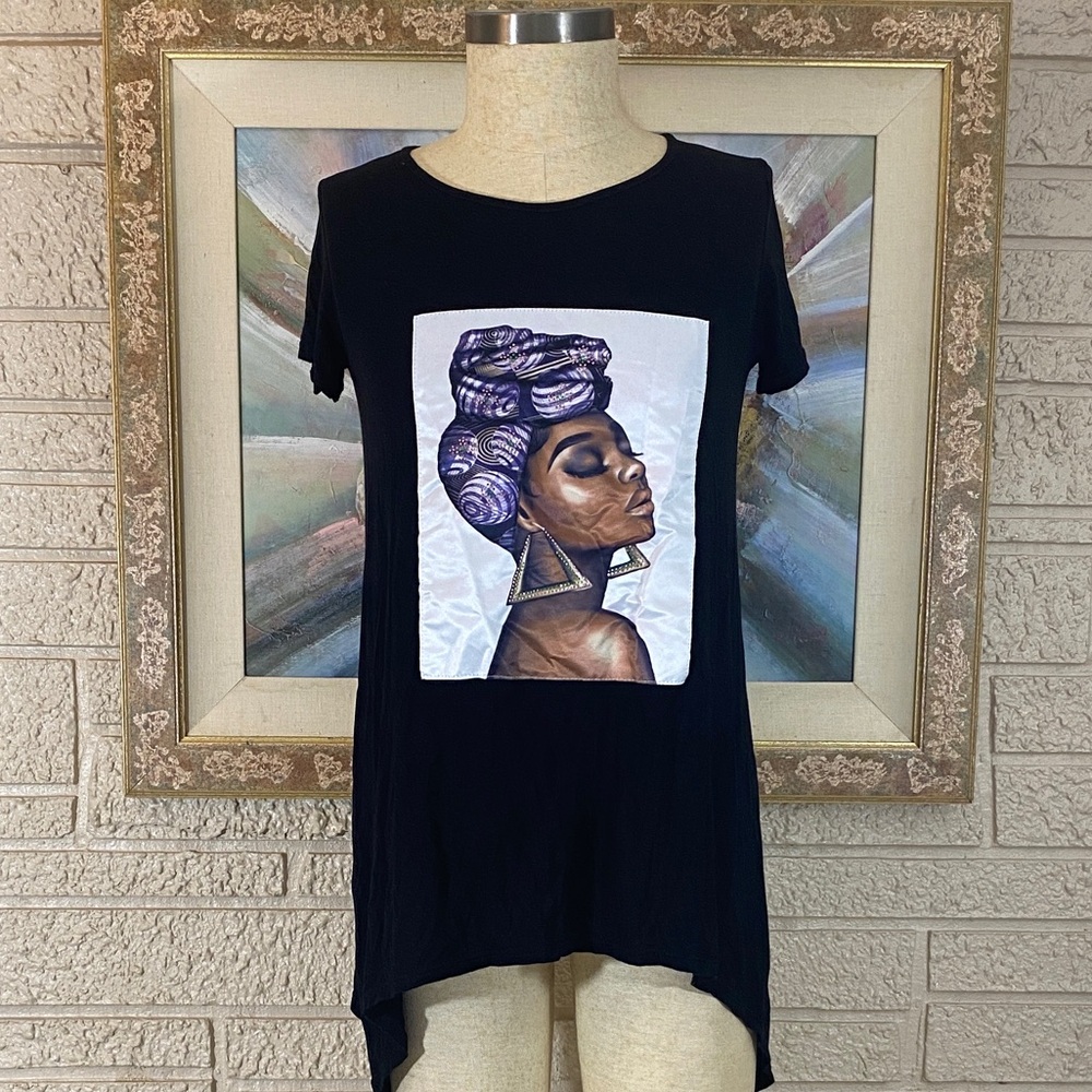 Black Women's Graphic Tunic Top with Purple Accent